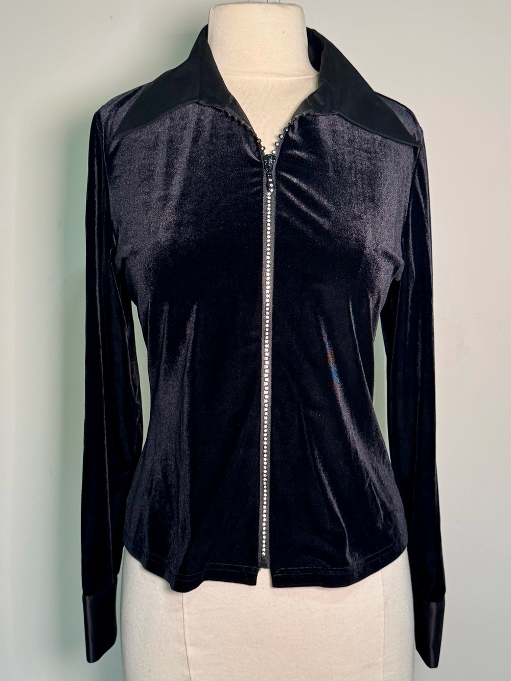 Stunning Samuel Dong Black Velvet Jacket Top w/ Cut Out Back Rhinestone Zipper